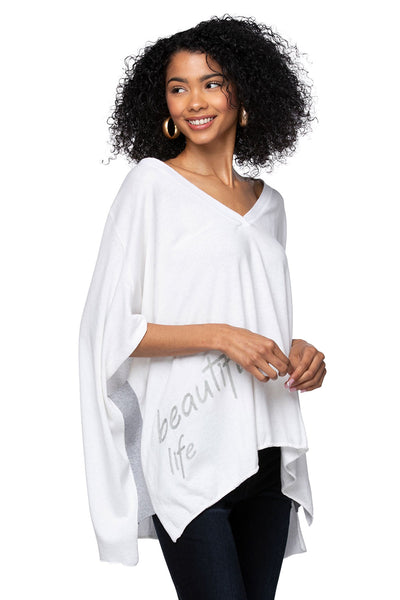 Subtle Luxury Sweater S/M / White with Smoke Grey / Zen Blend Zen Blend Luisa V-Neck Embroidery Stitch Sweater Knit Poncho