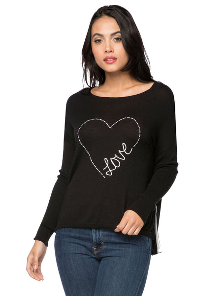 Subtle Luxury Sweater XS/S / Black / Heart-Love Jane Drop Shoulder Crewneck Sweater with Stitched Embroidery on Sale Now