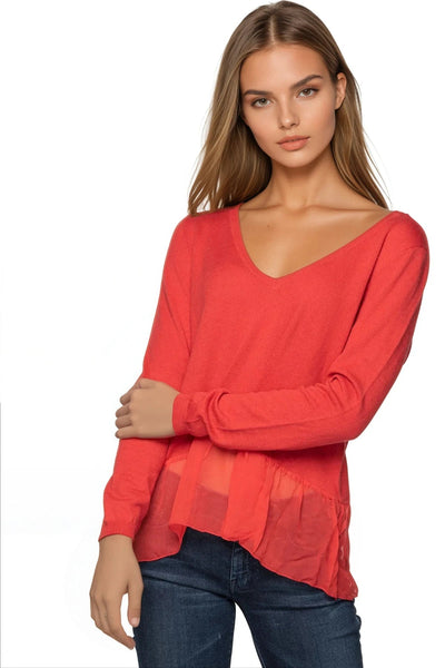 Subtle Luxury Sweater XS/S / Capri Luxury V-Neck Sweater with Silk Chiffon Elegance