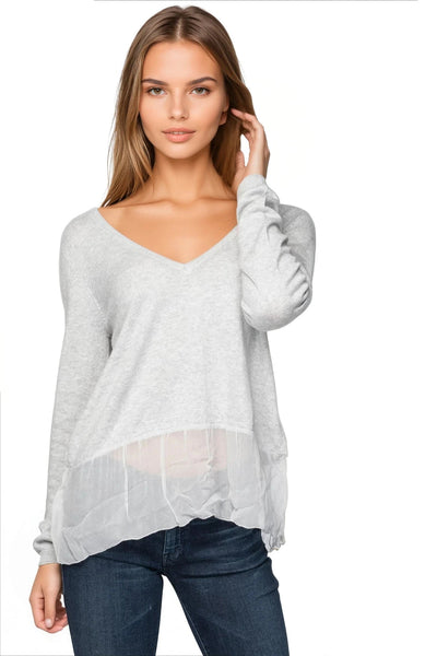 Subtle Luxury Sweater XS/S / Pearl Luxury V-Neck Sweater with Silk Chiffon Elegance