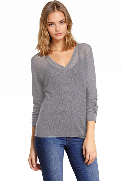 Subtle Luxury Sweater XS/S / Pebble V-Neck Sweater | Open Knit Stitch Sheer Front | Tencil - Cashmere Blend Knit