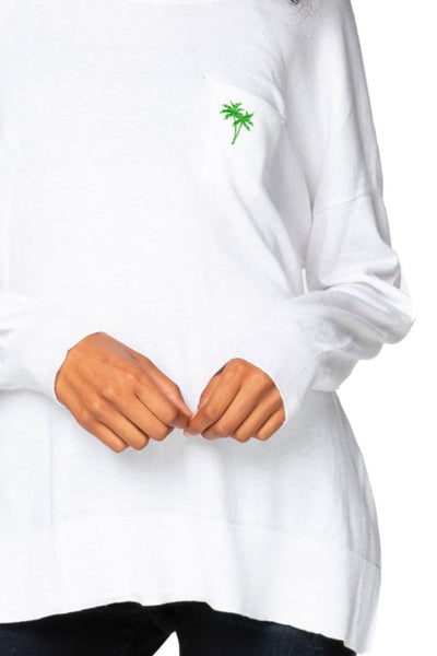 Subtle Luxury Sweater XS/S / White / Neon Green Palm Tree Zen Patricia Pocket Pullover Sweater with Palm Embroidery
