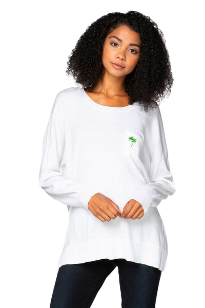 Subtle Luxury Sweater XS/S / White / Neon Green Palm Tree Zen Patricia Pocket Pullover Sweater with Palm Embroidery