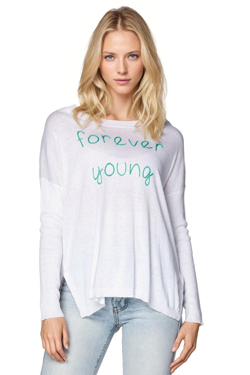 Subtle Luxury Sweater XS/S / White-Turq / Forever Young Jane Drop Shoulder Crew "Forever Young" Embroidery
