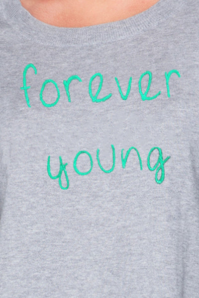 Subtle Luxury Sweater Zen Jane Drop Shoulder Crew "Forever Young" Embroidery