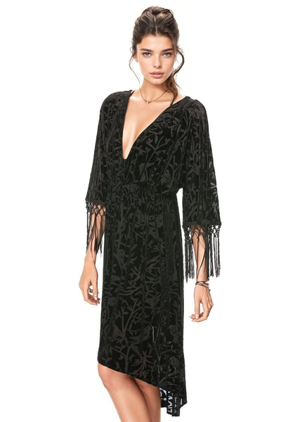Subtle Luxury Tassel Dress S/M / BN-Wild Bird Noir / Stretch Velvet Poly Stevie Dress Fringe in Stretch Burnout Velvet