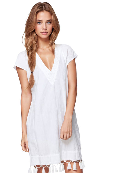 Subtle Luxury Tassel Dress XS/S / White / 100% Cotton Chambray Fringe Tassel Embroidery Dress in Solid Cotton Chambray