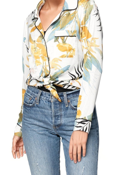 Subtle Luxury Top Bed to Brunch Piper Shirt / S/M / White Bed to Brunch Piper Shirt | Tropical Garden Print | Subtle Luxury