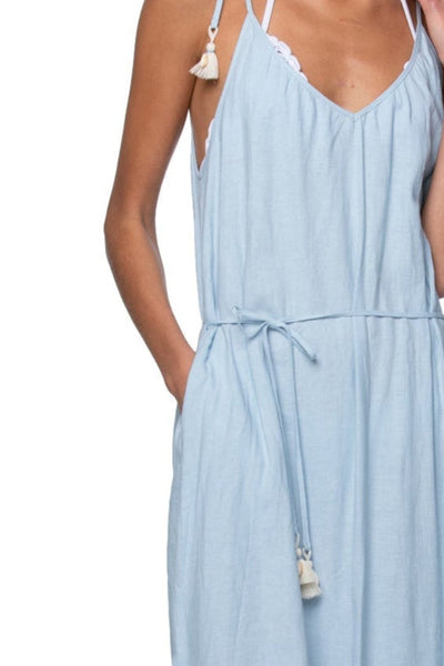 Triss Tassel Linen Blend Tank Dress in Sky - Subtle Luxury