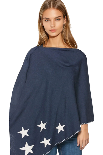 Zen Blend Poncho Sweater One Size / Navy | Cosmic Stars Zen Blend Poncho Convertible Wrap with Stitched Embroidery Sayings