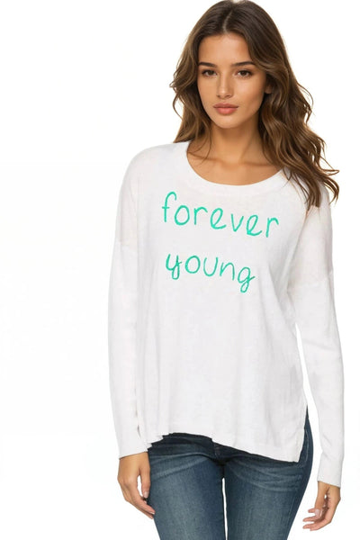 Zen Jane Drop Shoulder Crew "Forever Young" Embroidery - Subtle Luxury