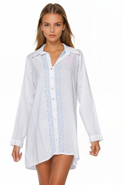 Ziggy Button Down Embroidery Shirt Dress in Washed Cotton - Subtle Luxury