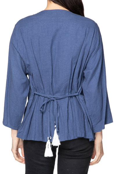 Meredith Linen Kimono Tassel Tie Front Panel Jacket Ocean Blue 3