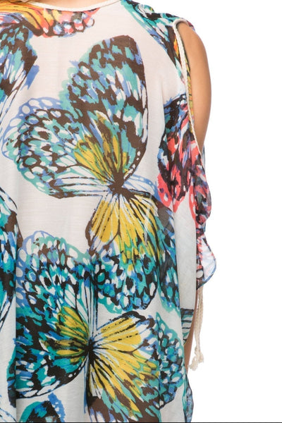 Pool to Party Kaftan One Size / Multi / 100% Soft Hand Poly Open Shoulder Sundress Coverup in Butterfly Garden Print