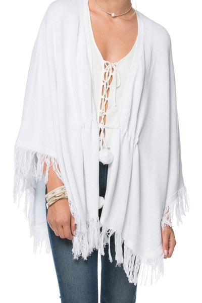 Subtle Luxury Wrap One Size / Sky/White Double Knit Sweater Knit Fringe Poncho - Zen Blend