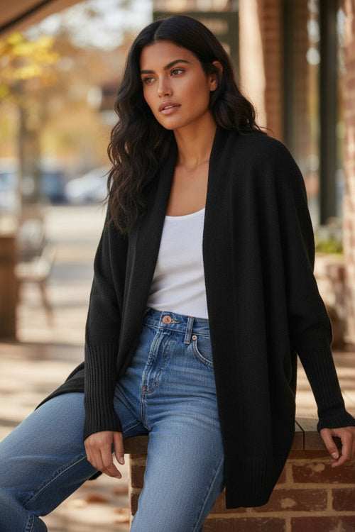 100% Cashmere Cocoon Shawl Sweater Jacket | Fall Black