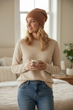 100% Cashmere Double Layer Knit Beanie Hat biscuit 