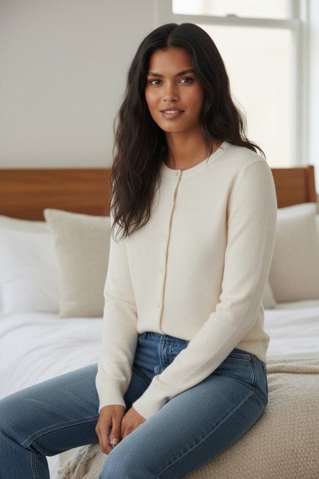 100% Cashmere Favorite Button Up Cardigan Sweater Knit snow ivory