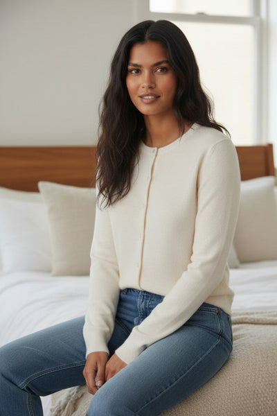 100% Cashmere Favorite Button Up Cardigan Sweater Knit snow ivory