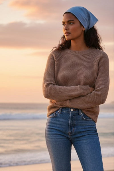 100% Cashmere Knit 24" Square Bandana Scarf Accessory blue mist color mood 2