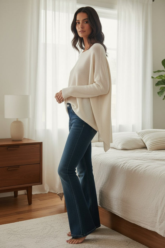100% Cashmere Loose & Easy Crew Favorite Sweater  white pink