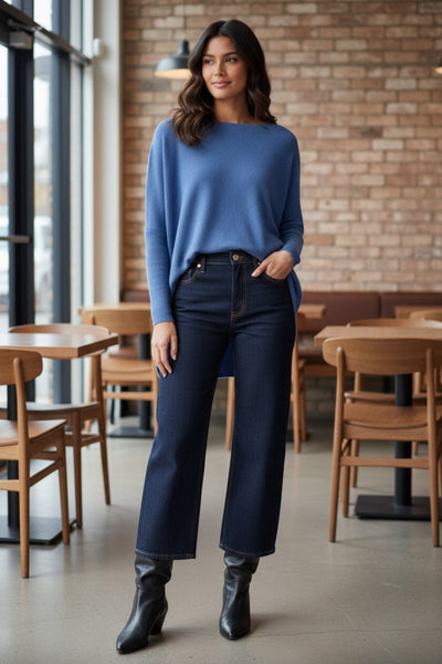 100% Cashmere Loose & Easy Crewneck Favorite Sweater blue iris color
