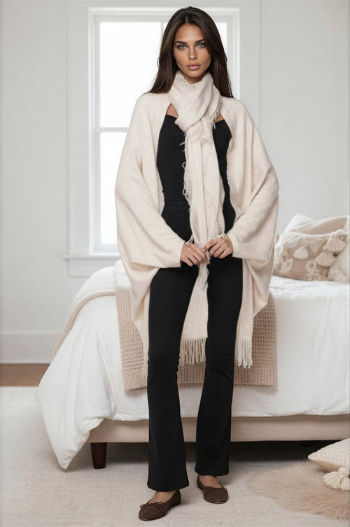 100% Cashmere Luxury Scarf, New York Parkway in Fawn Oatmeal subtle luxury cashmere scarvesAIFashionModels_1