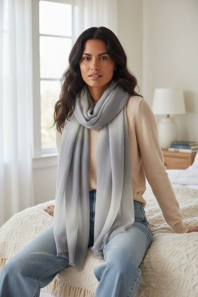 100% Cashmere Luxury Wrap Telluride Grey to Light Grey Faded Stripe Scarf