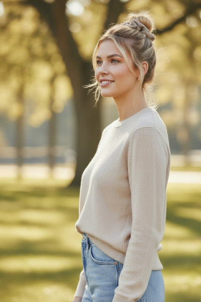 100% Cashmere Recycled Knit Hair Scrunchie oatmeal brown