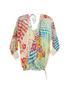 100% Silk Print Crop Drawstring Top with Sweater Rib Cuffs