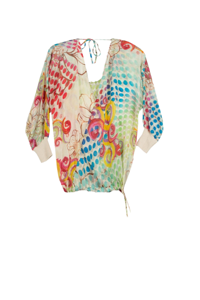 100% Silk Print Crop Drawstring Top with Sweater Rib Cuffs