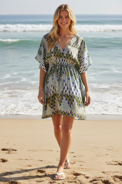 100% Silk Print Wrap Front Long Tunic Kaftan Top