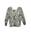100% Silk Print Crop Drawstring Top with Sweater Rib Cuffs Charcoal Aztec Floral 