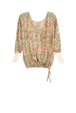 100% Silk Print Crop Drawstring Top with Sweater Rib Cuffs Clover Floral 