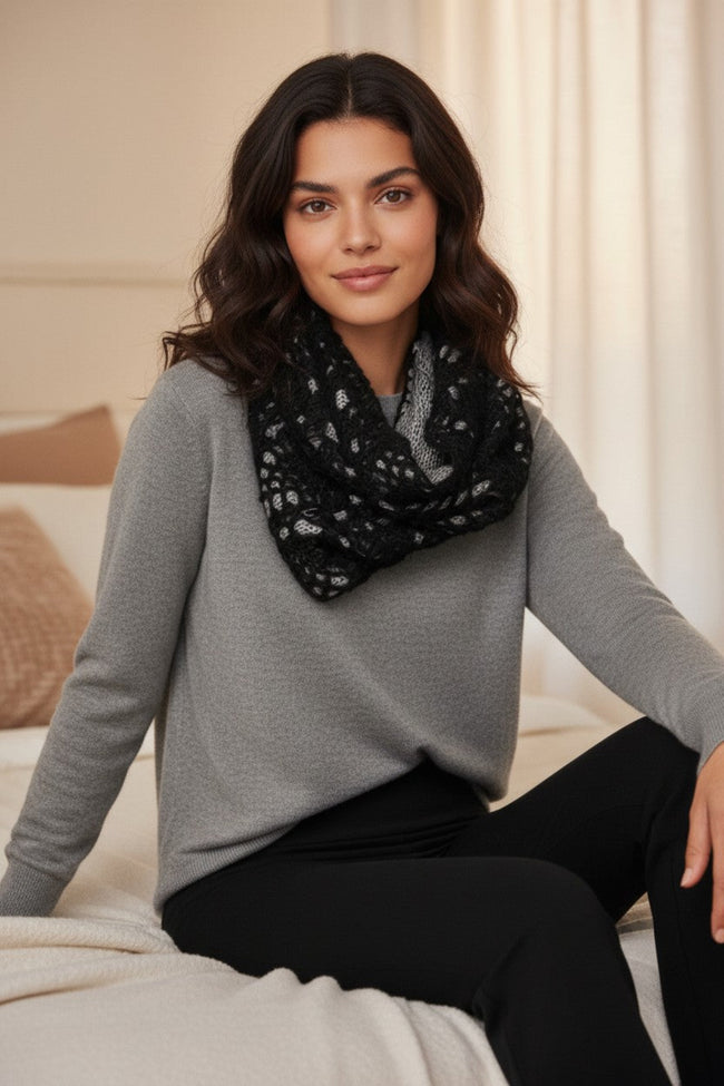 2-Tone Hand Knit Lace Hand Knit Crochet Infinity Scarf black grey