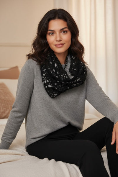2-Tone Hand Knit Lace Hand Knit Crochet Infinity Scarf black grey