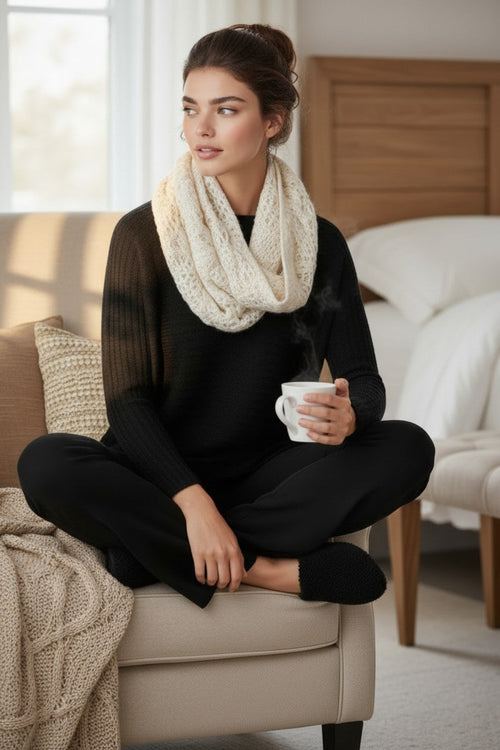 2-Tone Hand Knit Lace Hand Knit Crochet Infinity Scarf ivory white