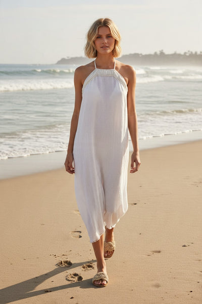 Halter Fringe Beach Cover-Up Dress in Solid Sheer Gauze
