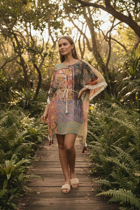 White with Metallic Print Sheer Braided Kaftan Cover Up