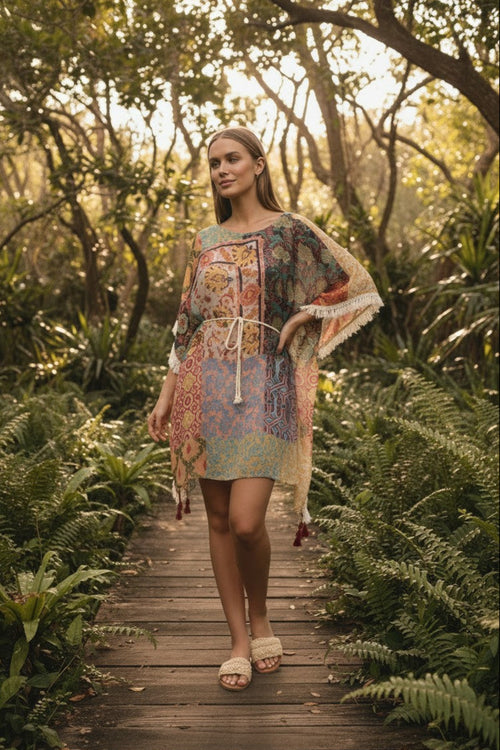 Boho Beach Fringe Edge Sundress in Moroccan Patchwork Print