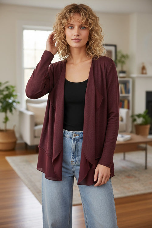 Almost Vintage Double-Layer Sweater Knit Cardigan with Printed Silk Woven