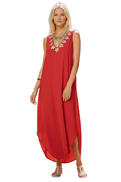 Sequin Rayon Maxi Length Tank Dress with Embellished Metallic Detail