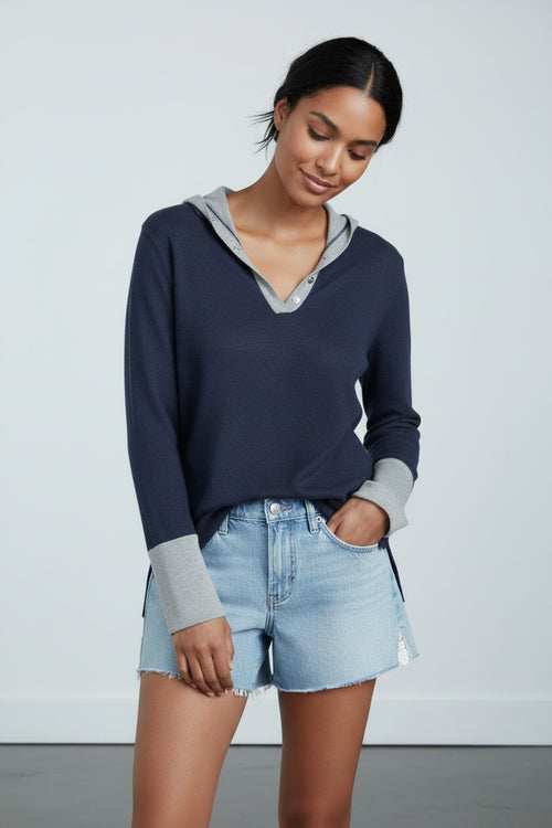 Bi-Color Contrast-Cuff Sweater Knit Hoodie in Zen Blend Cotton Tencel™ Yarn