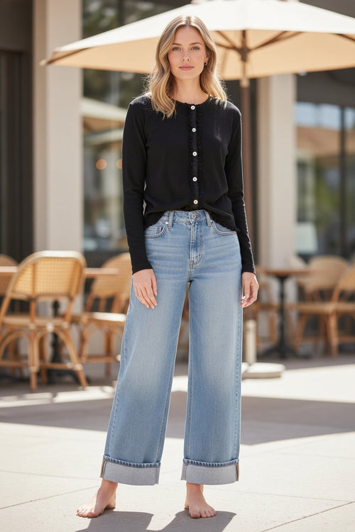 Cropped Button Up Satin Ruffle Cotton Knit Cardigan
