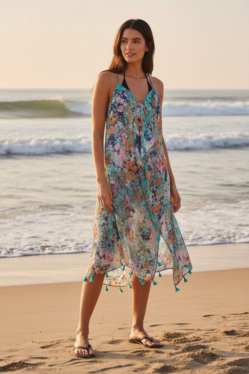Maxi Tassel Sundress Coverup in Good Vibrations Multi Color Print Flowers