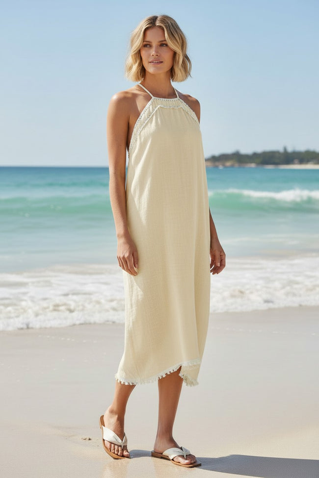 Halter Fringe Beach Cover-Up Dress in Solid Sheer Gauze