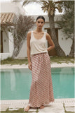AV-BSKMS_Almond Color Almost Vintage Silk Print Hand Stitch Mirror Maxi Skirt