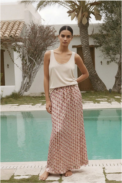 AV-BSKMS_Almond Color Almost Vintage Silk Print Hand Stitch Mirror Maxi Skirt