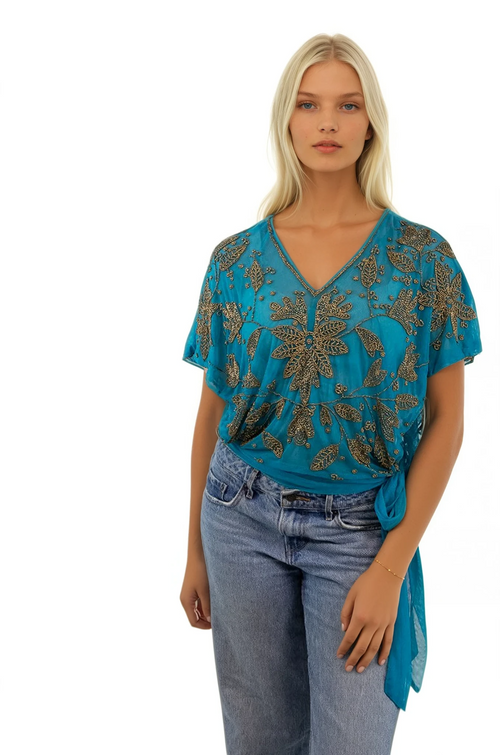 Almost Vintage Hand Beaded Mesh Side Tie Top