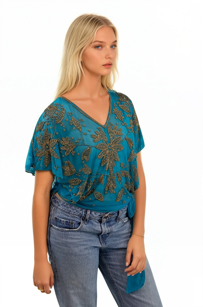 Almost Vintage Hand Beaded Mesh Side Tie Top